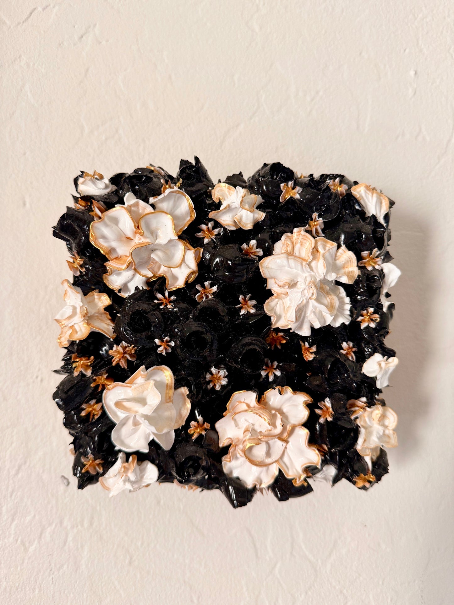 Field of gold and white flowers among black tulips 6x6x1.5 (SOLD)