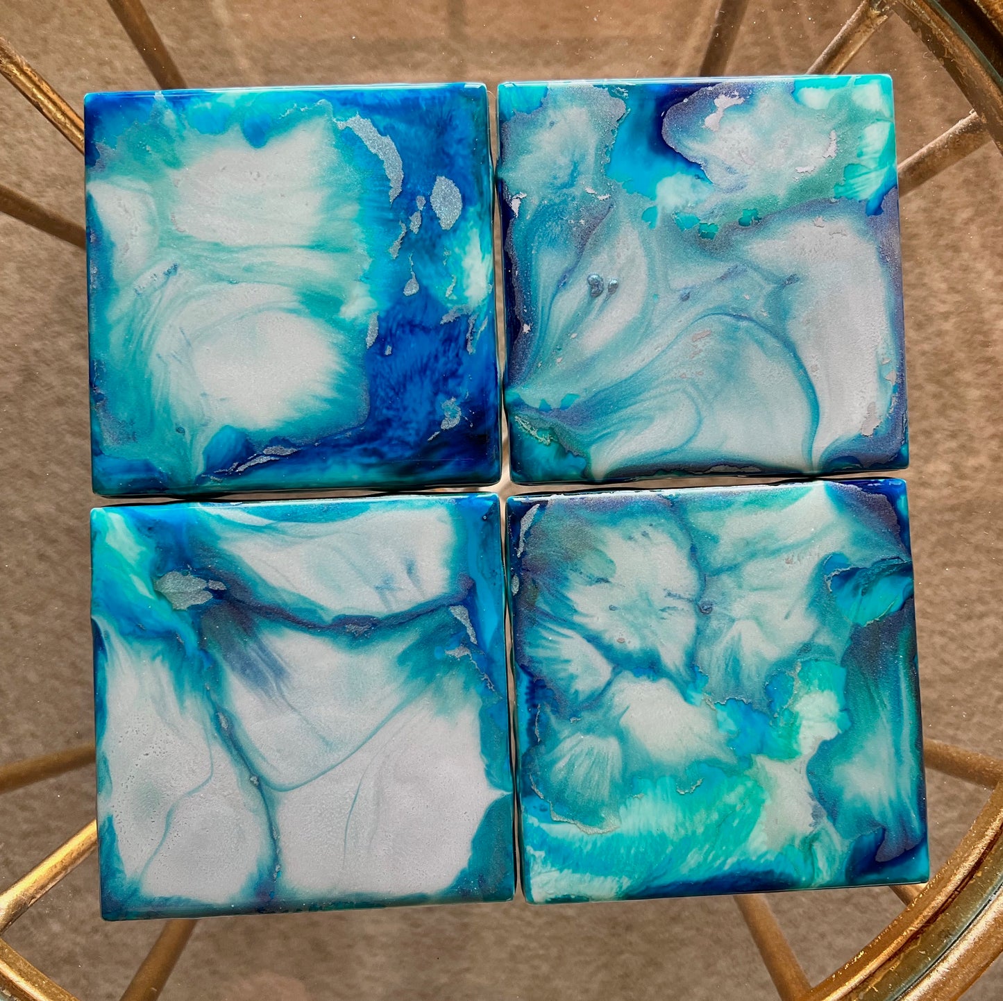 Resin Coasters- Blue, Green, Silver and Pearl