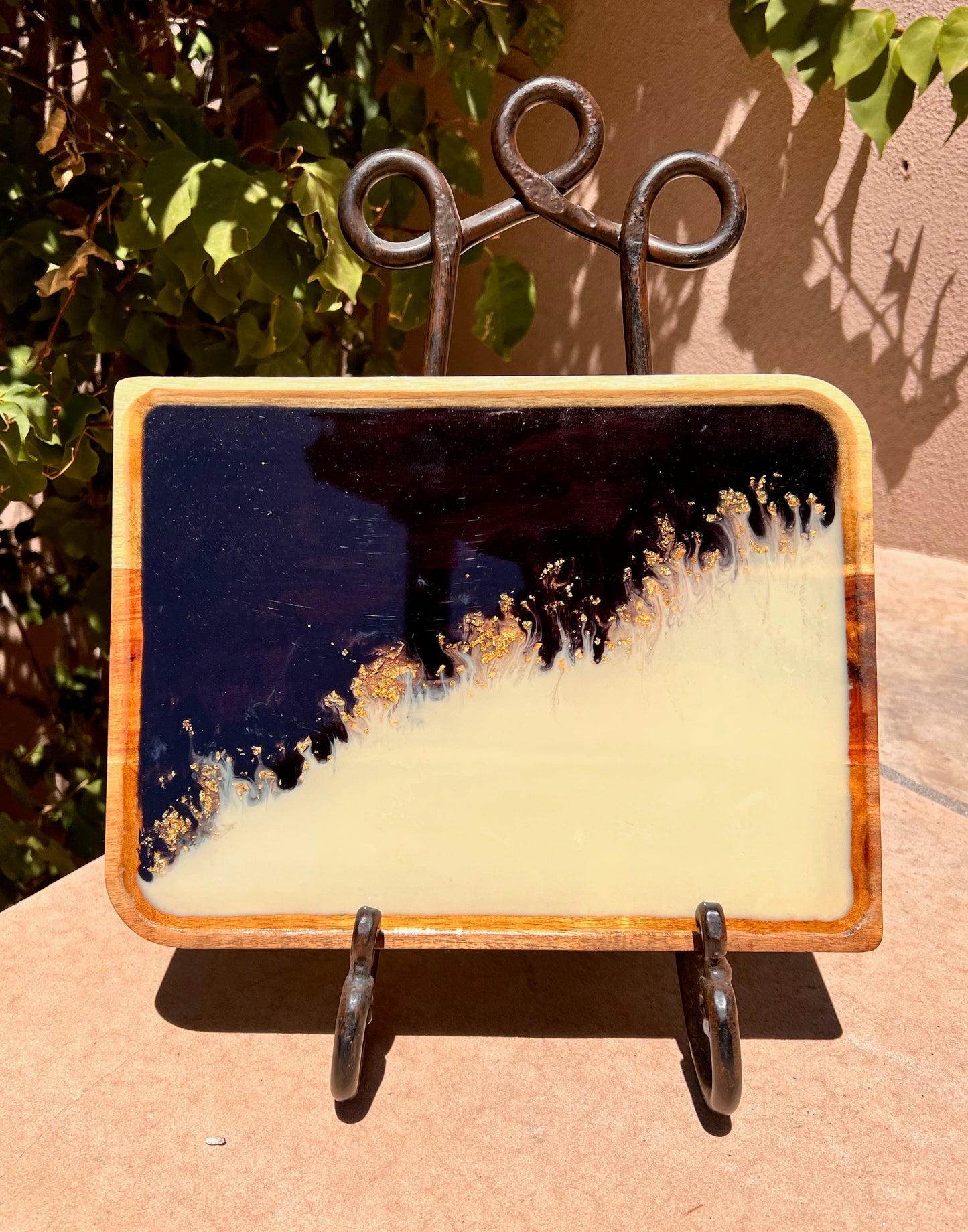 Resin Serving Tray - Black and Cream w/ Gold Diagonal Flakes 8.5x11.5x.5