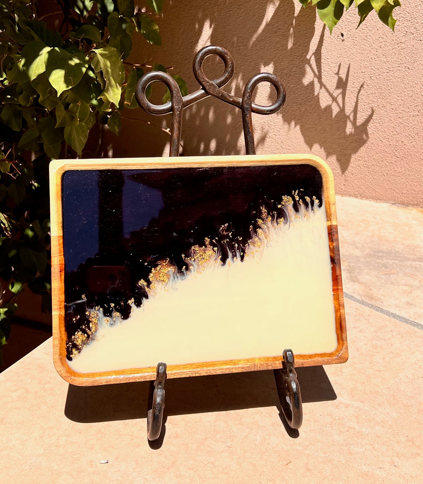 Resin Serving Tray - Black and Cream w/ Gold Diagonal Flakes 8.5x11.5x.5