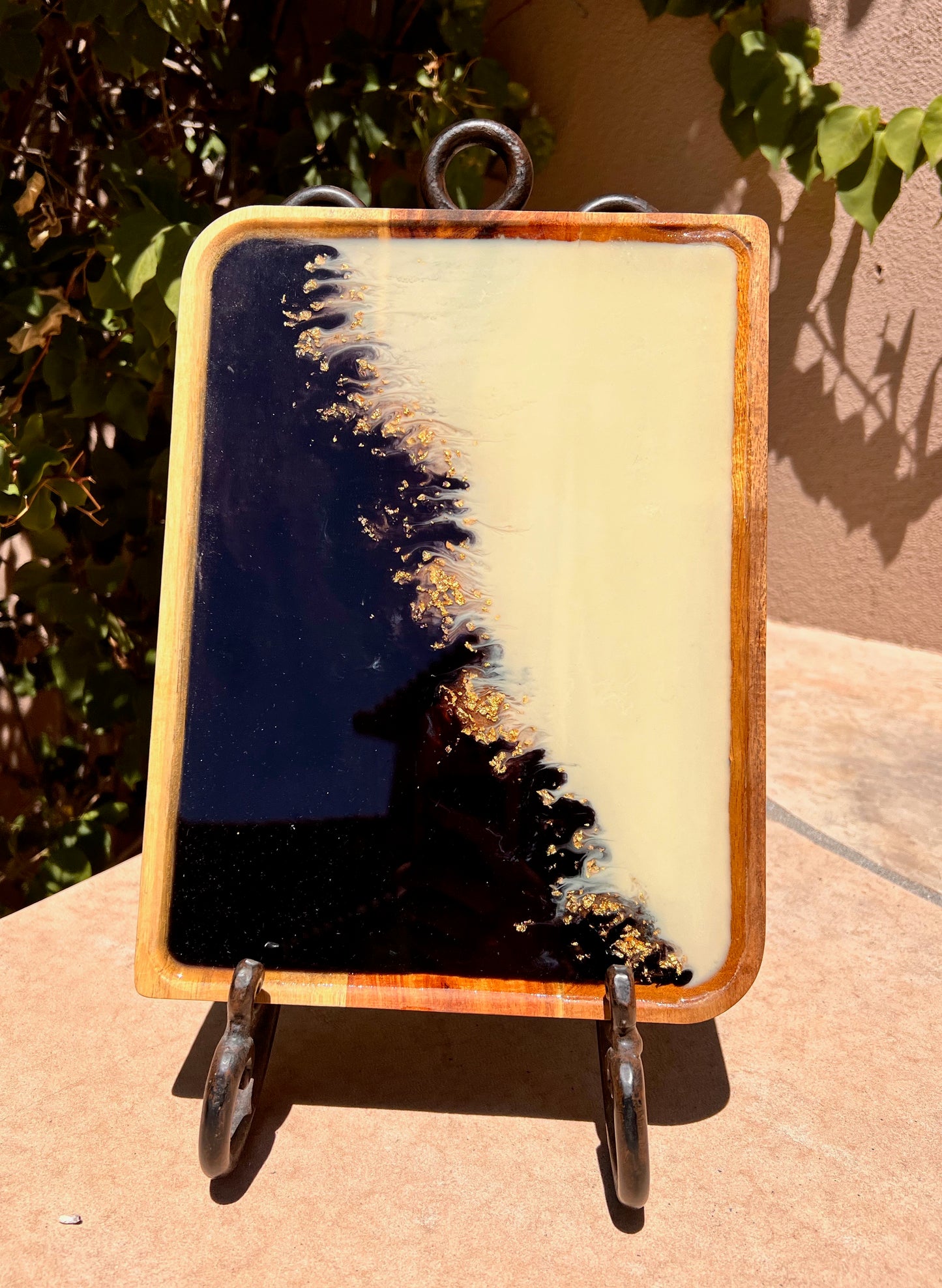Resin Serving Tray - Black and Cream w/ Gold Diagonal Flakes 8.5x11.5x.5