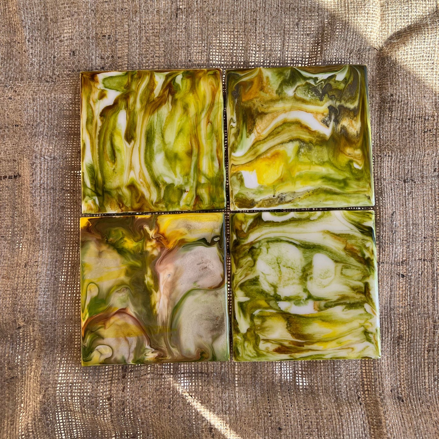 Resin Coasters - Green, yellow, honey and pearl