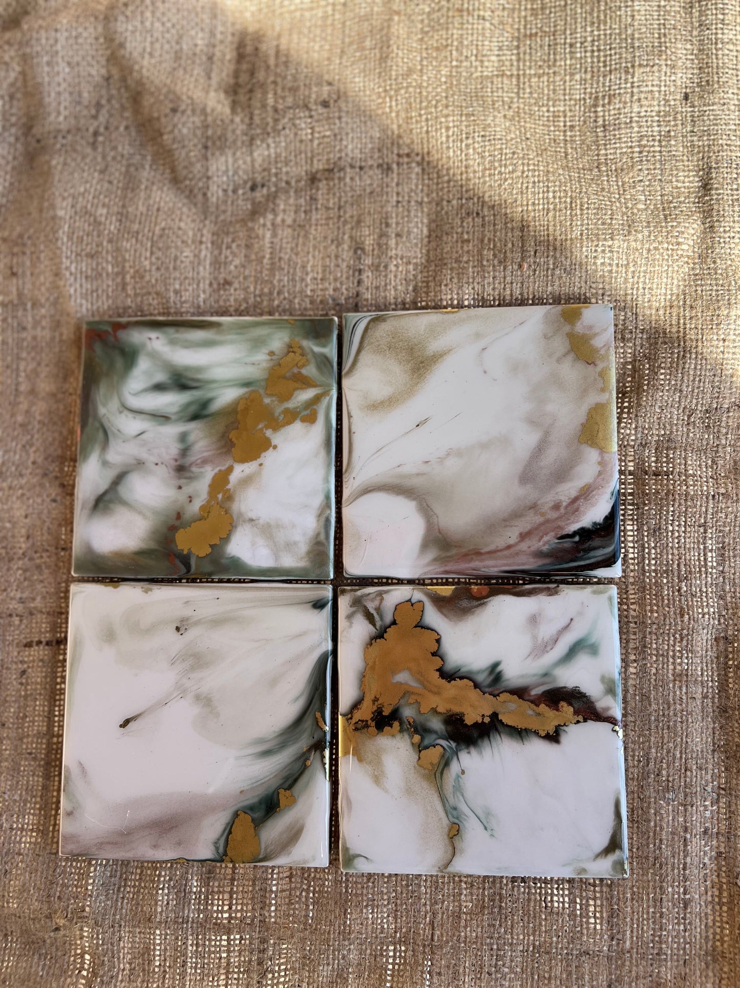 Resin Coasters - Deep green, copper, white and gold