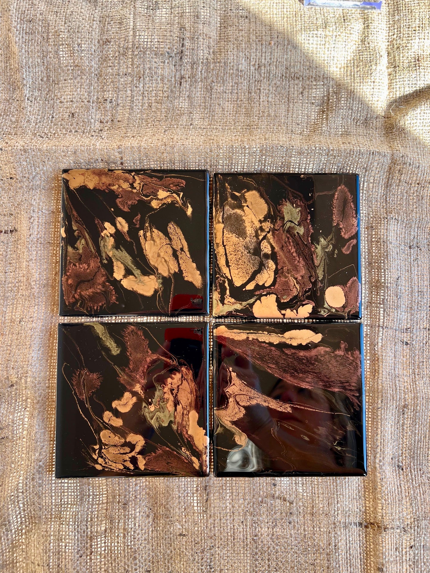 Resin Coasters - Black, copper, brass and gold