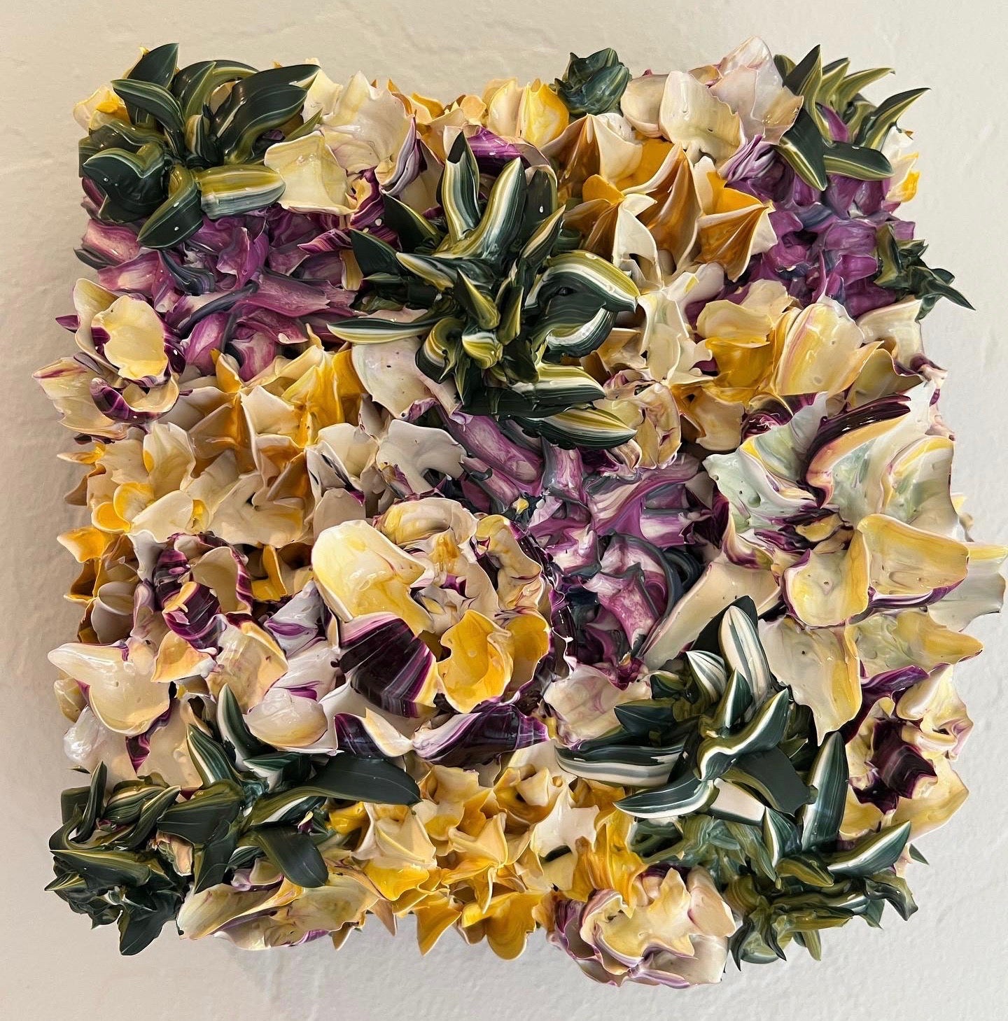 6x6 canvas of flowers and succulents in green, yellow, white and purple