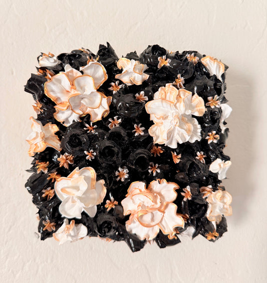 Field of gold and white flowers among black tulips 6x6x1.5 (SOLD)