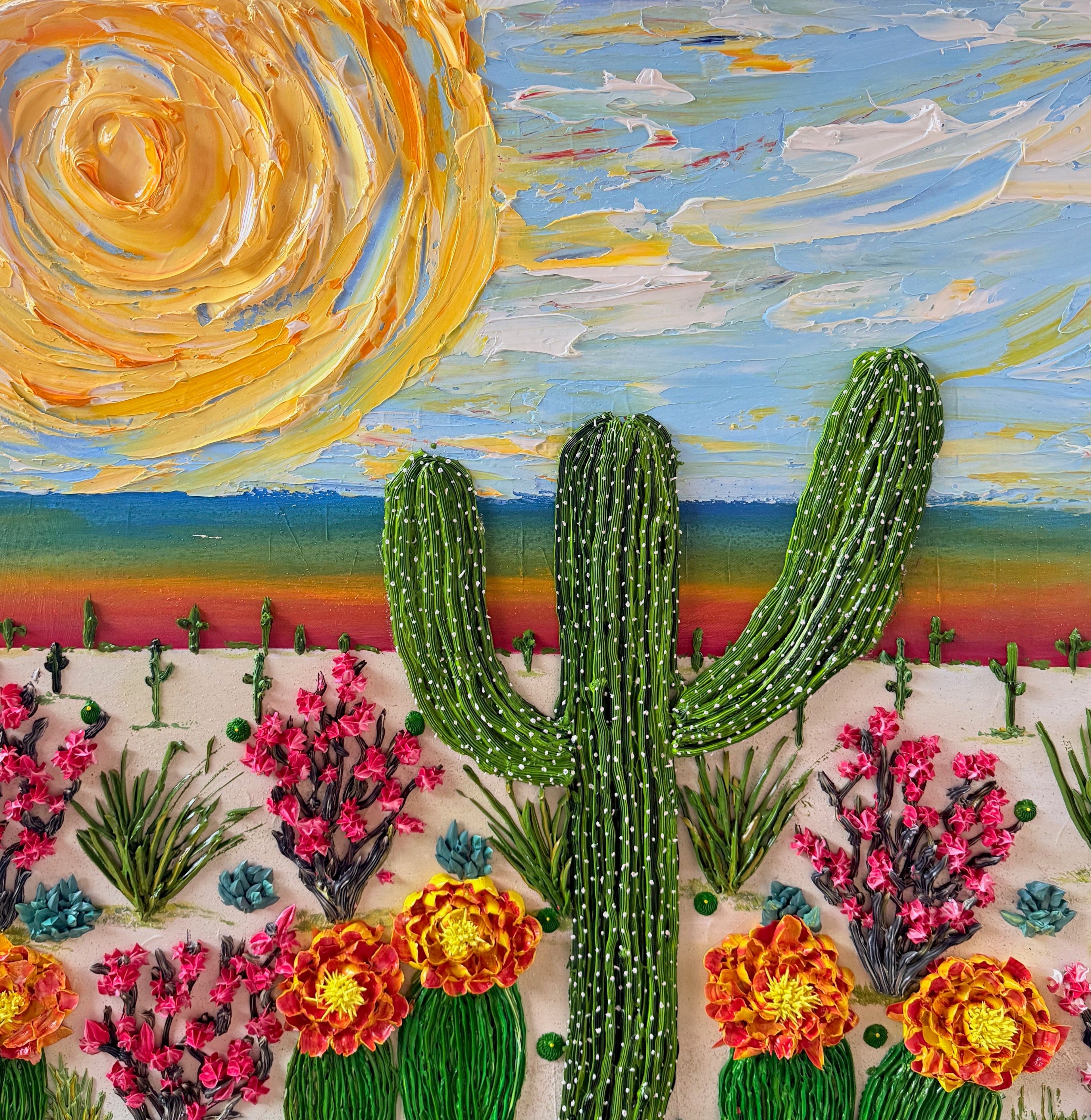 Colorful desert scene with cacti and flowers on a textured surface