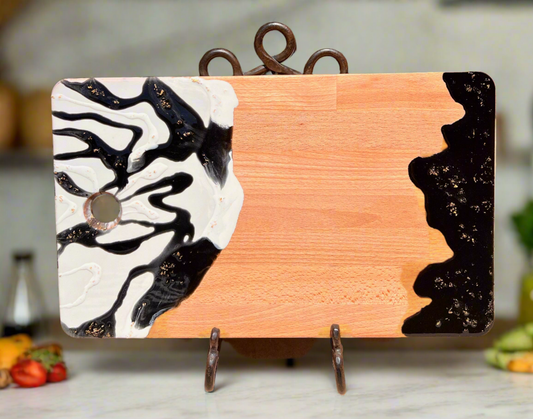 Charcuterie Board - Embellished with black and white resin with gold flakes