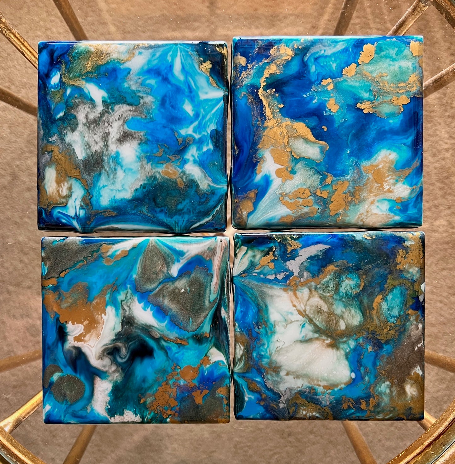 Resin Coasters- Deep Blue, Gold, Bronze and Pearl (SOLD)