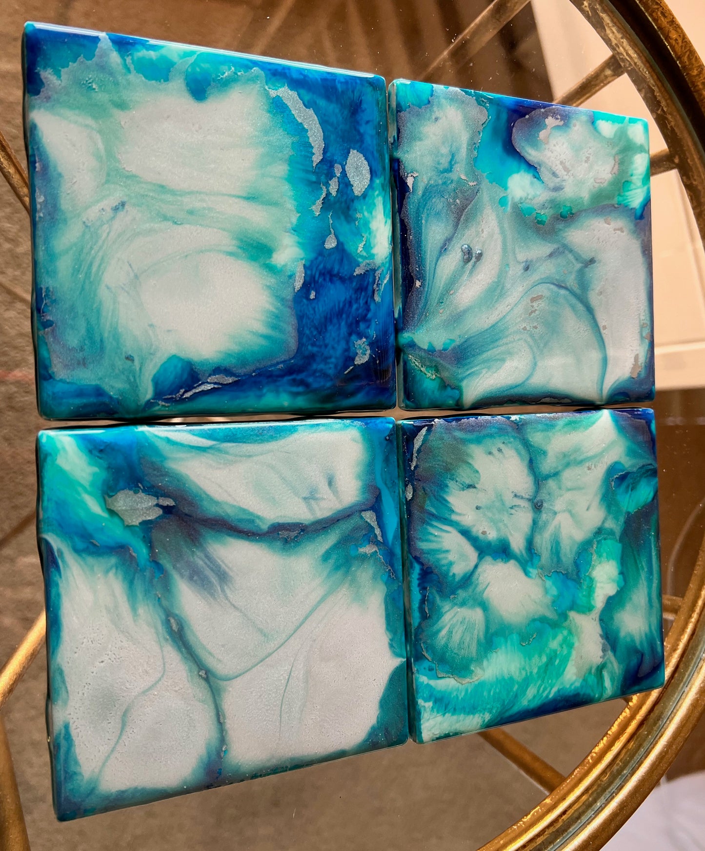 Resin Coasters- Blue, Green, Silver and Pearl