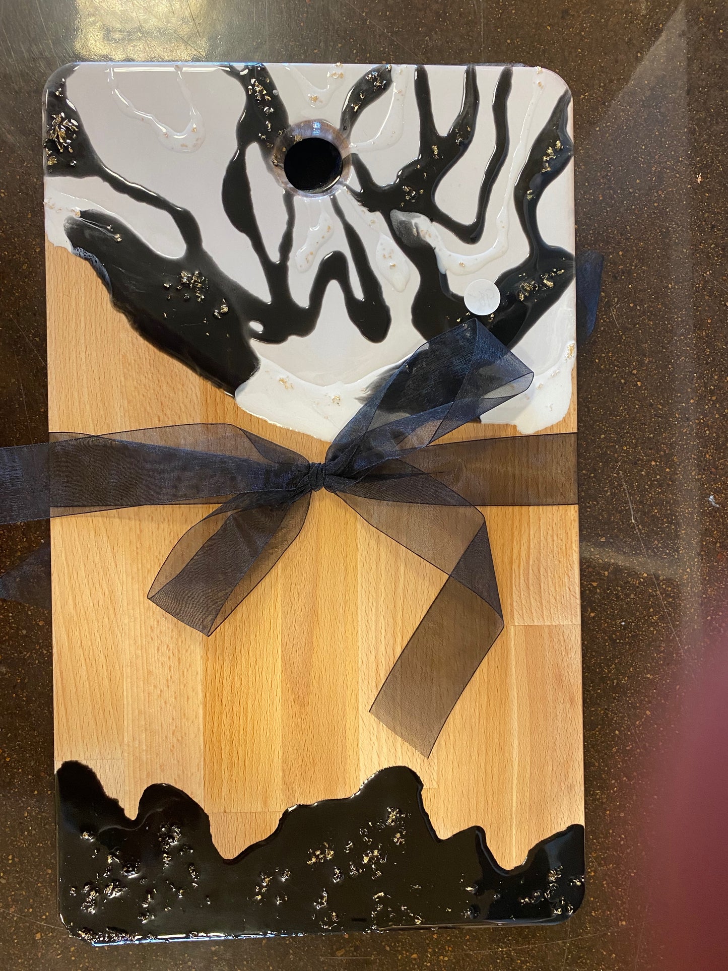 Charcuterie Board - Embellished with black and white resin with gold flakes