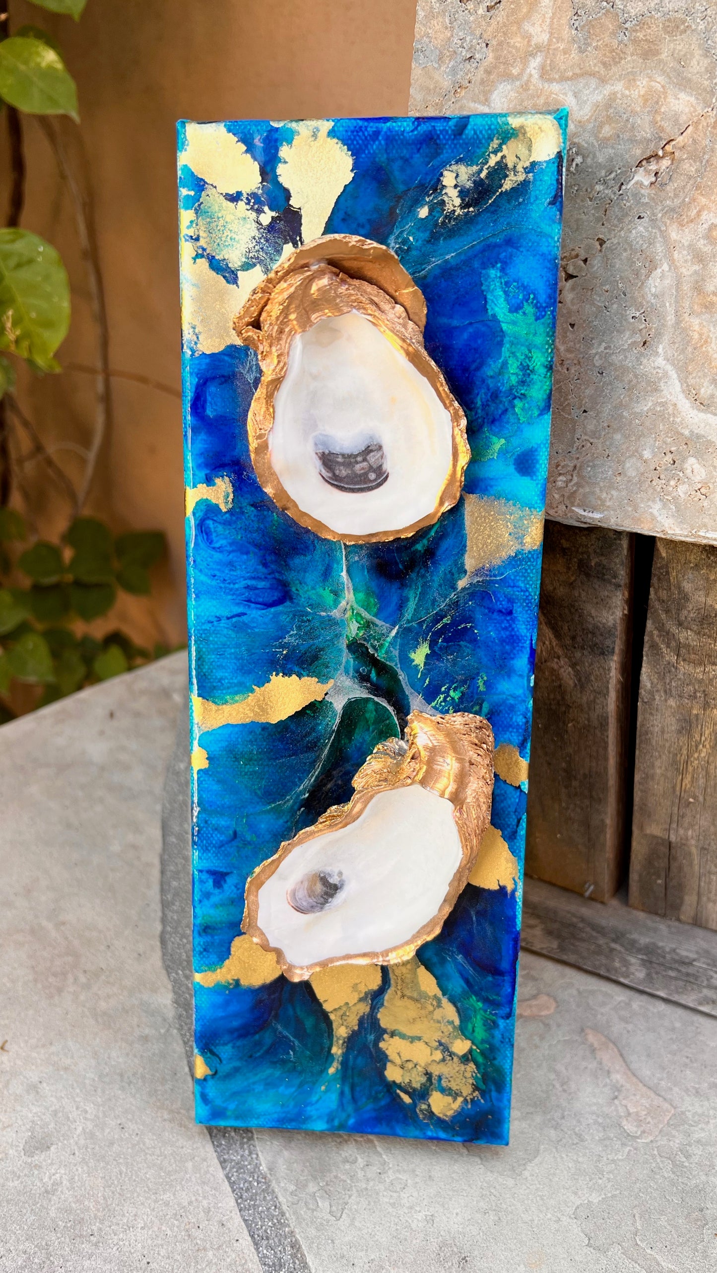 Deep Ocean Resin Art with 2 Gold Leaf Oysters 4x12x1.5