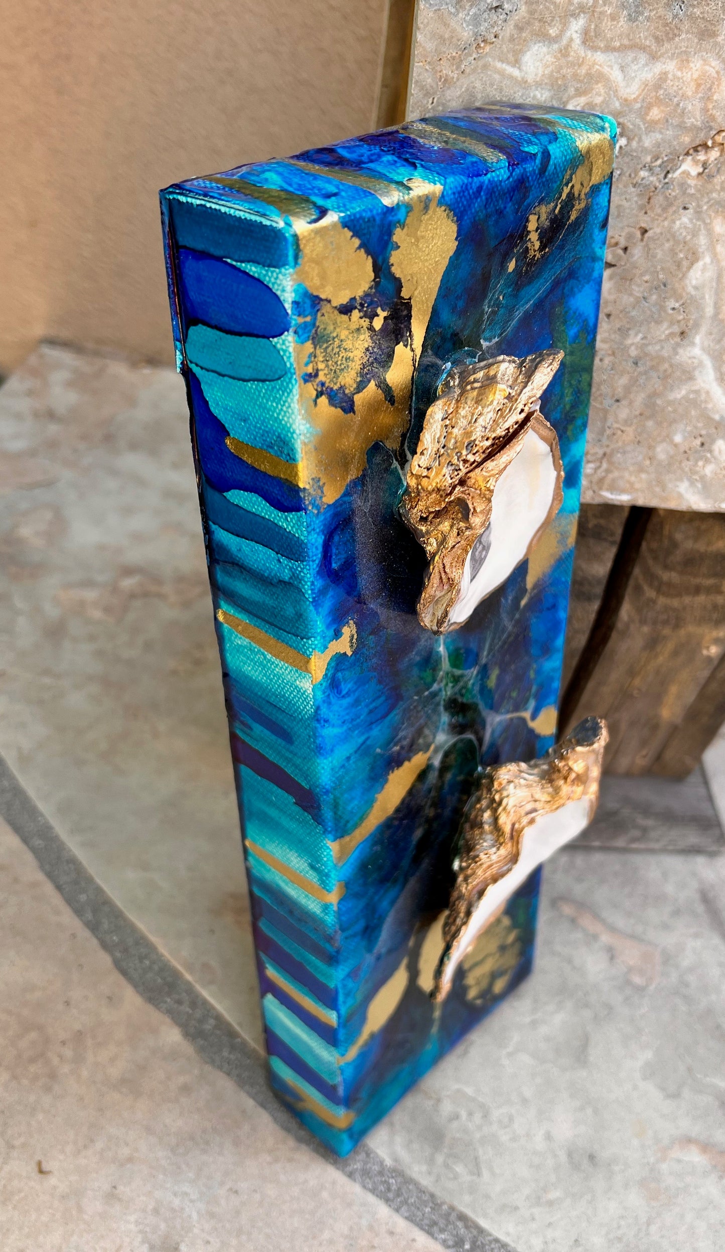 Deep Ocean Resin Art with 2 Gold Leaf Oysters 4x12x1.5