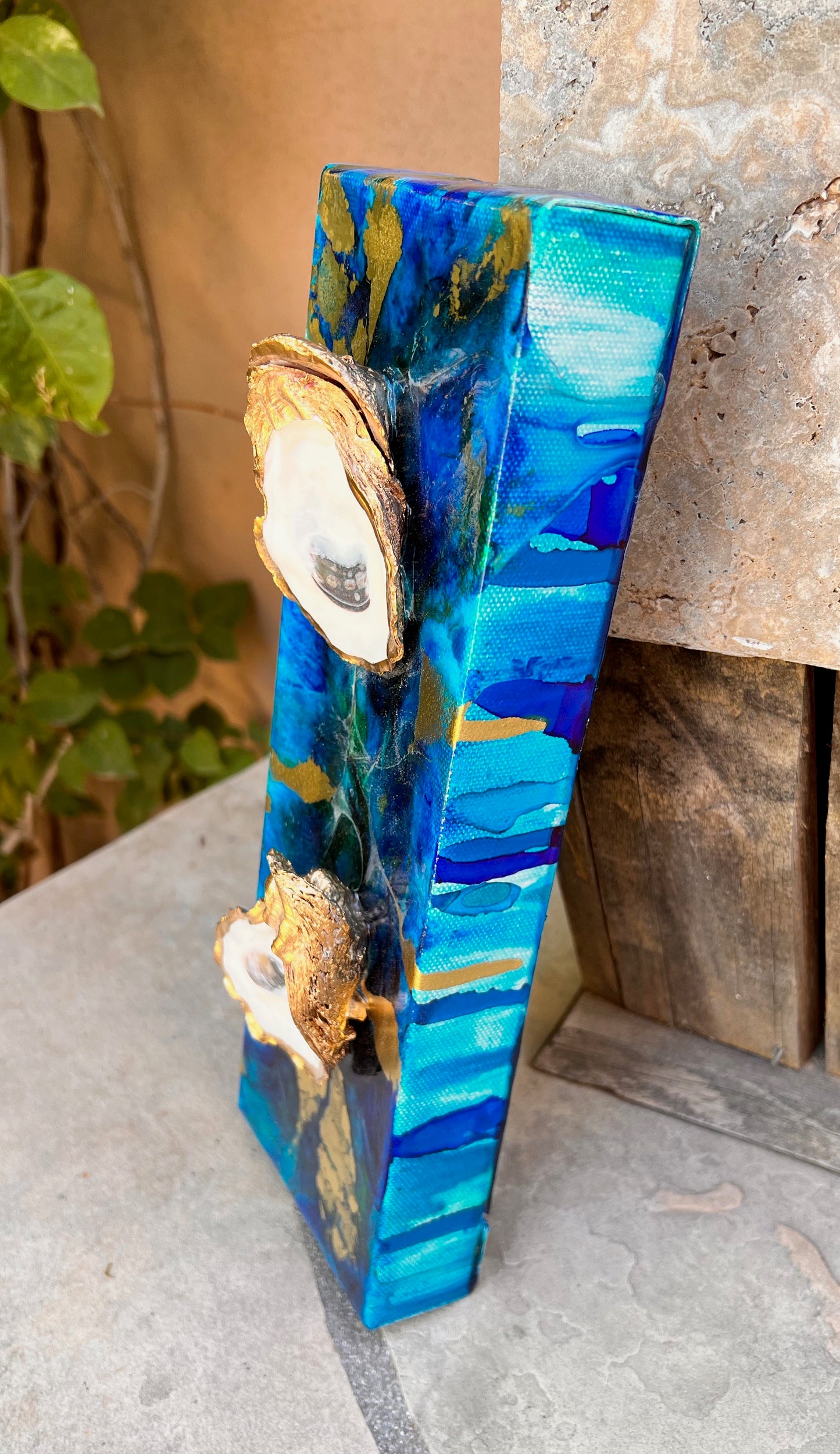 Deep Ocean Resin Art with 2 Gold Leaf Oysters 4x12x1.5