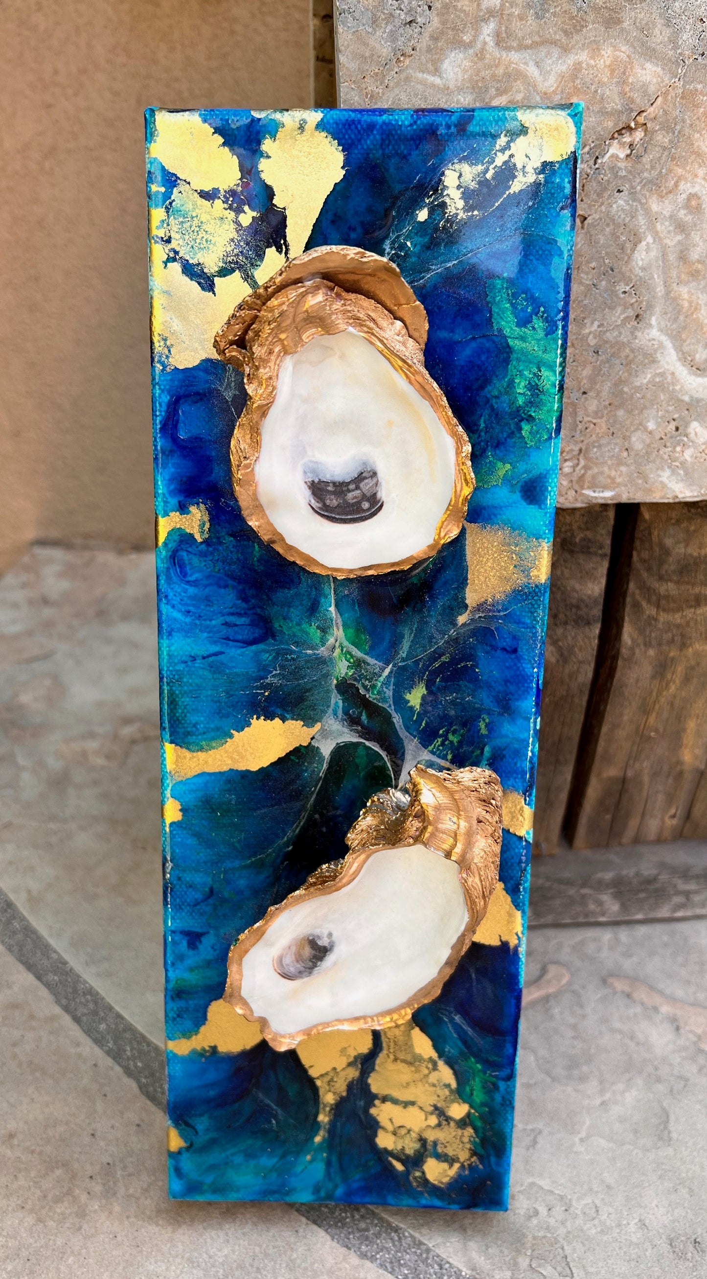 Deep Ocean Resin Art with 2 Gold Leaf Oysters 4x12x1.5