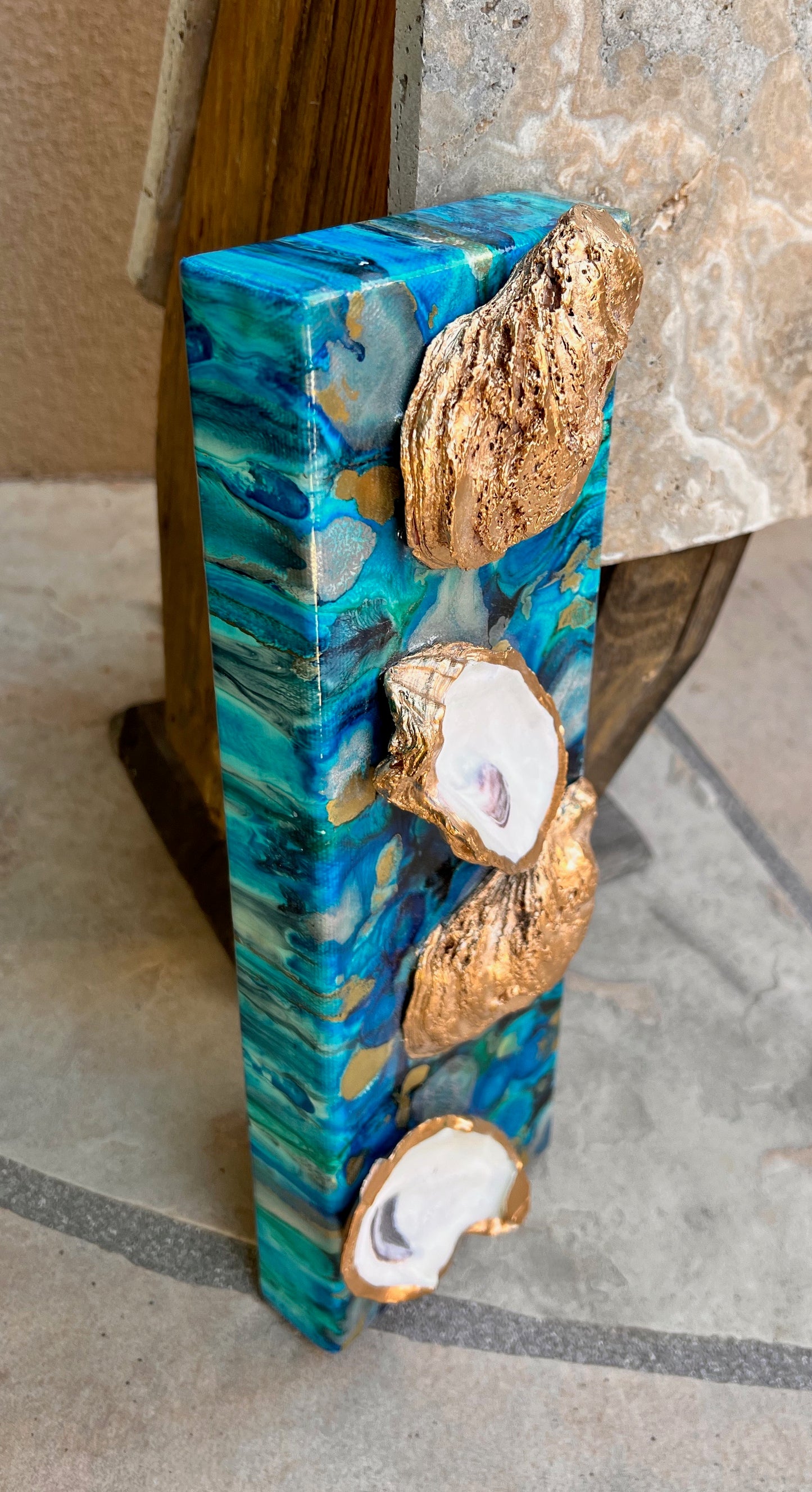 Deep Ocean Resin Art with 4 Gold Leaf Oysters 4x12x1.5