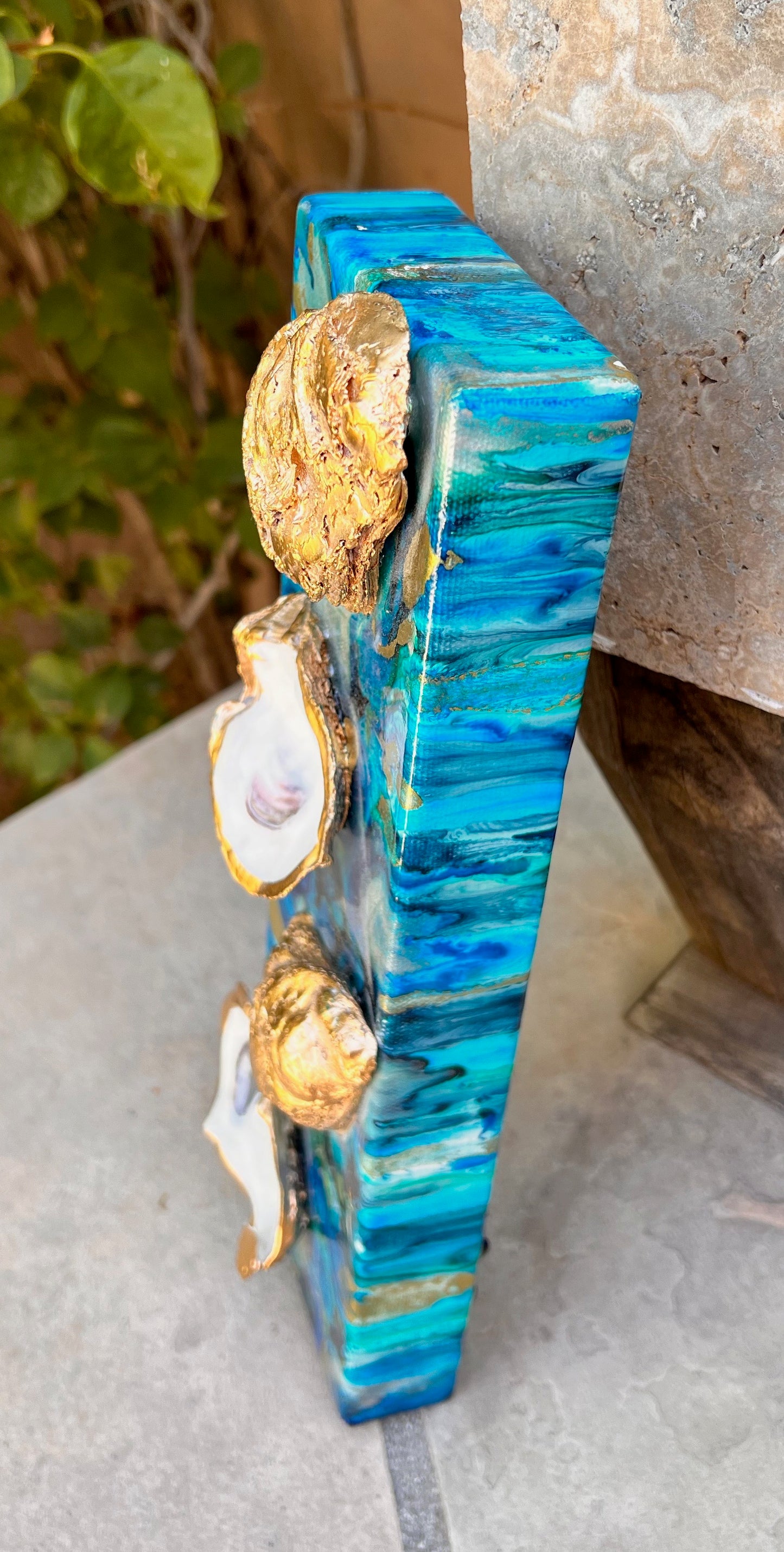 Deep Ocean Resin Art with 4 Gold Leaf Oysters 4x12x1.5