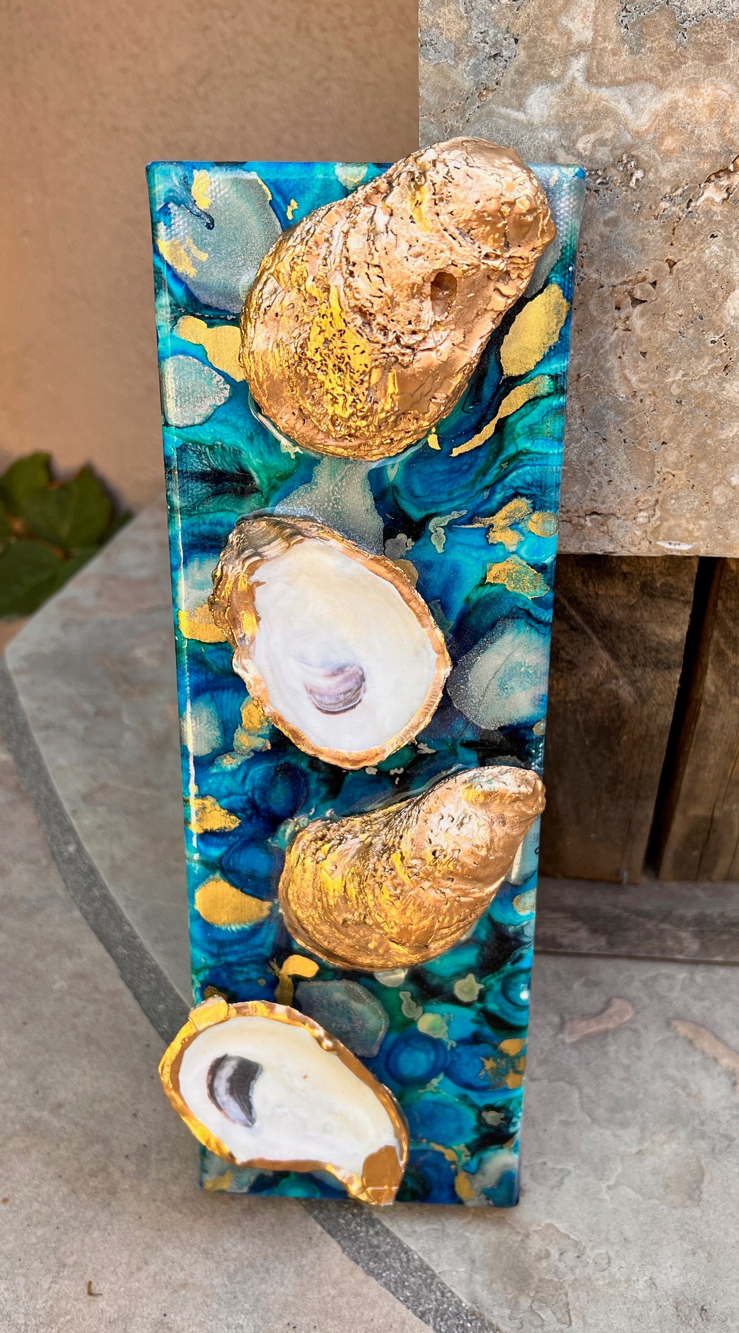 Deep Ocean Resin Art with 4 Gold Leaf Oysters 4x12x1.5