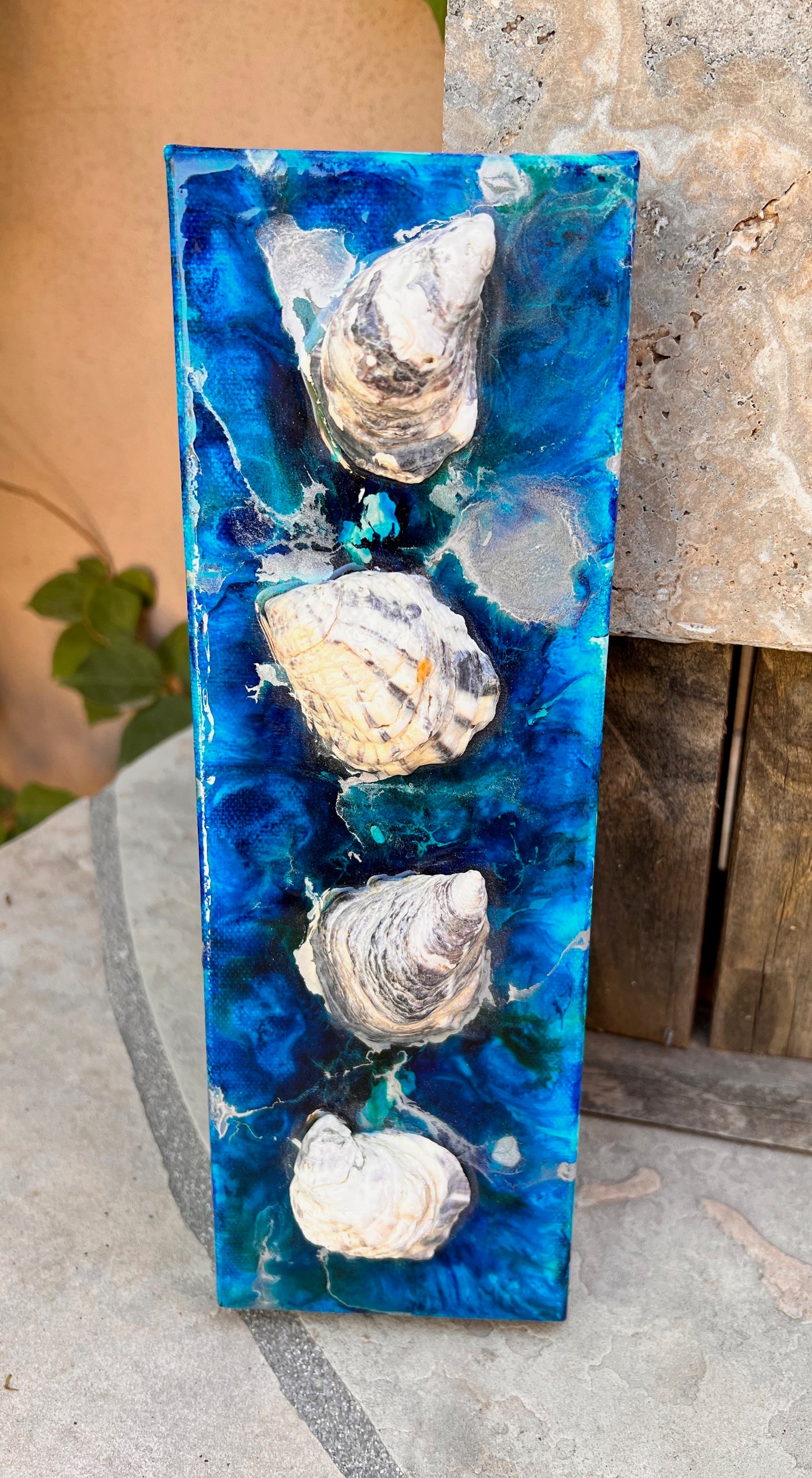 Deep Ocean Resin Art with Natural Oyster Shells 4x12x1.5