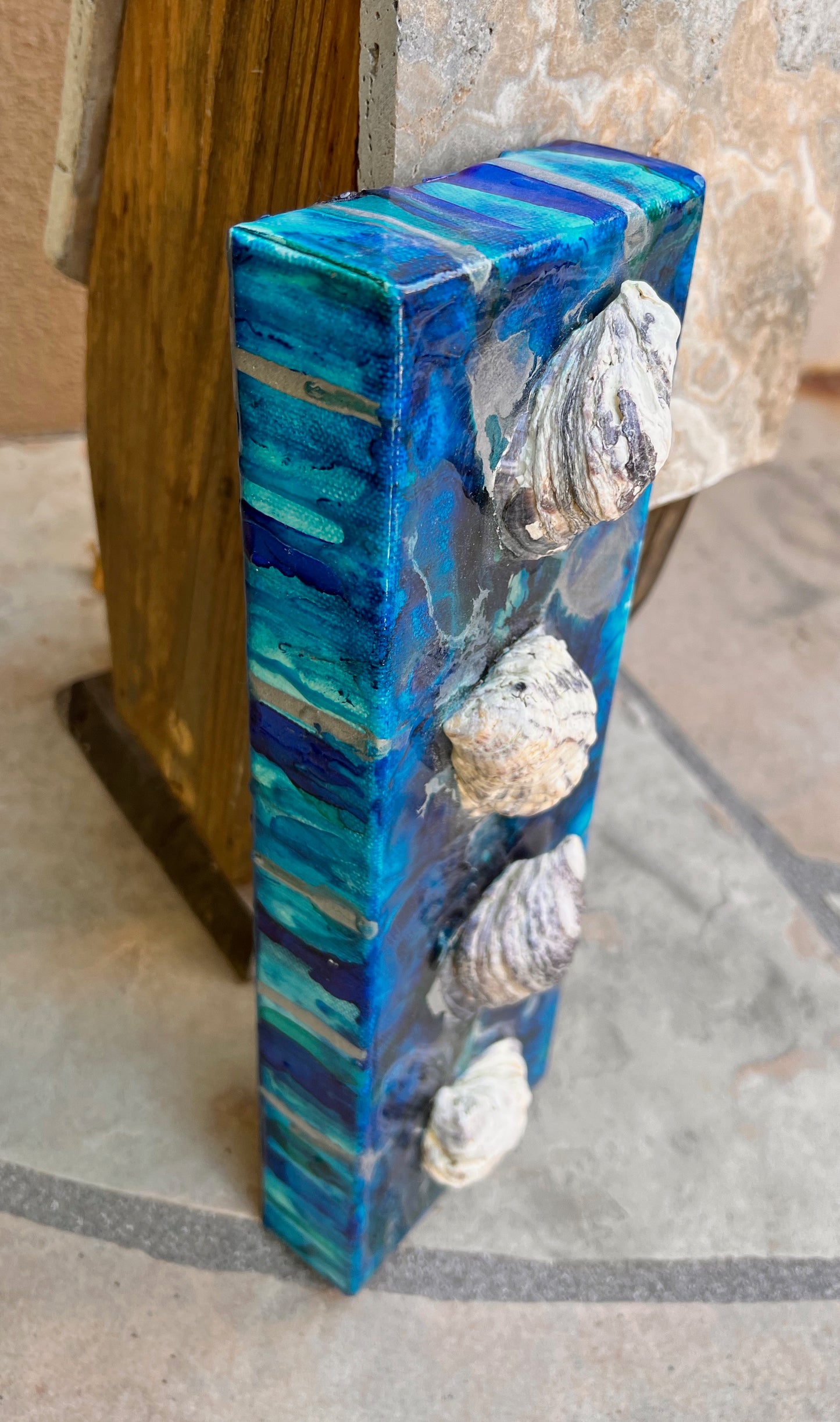 Deep Ocean Resin Art with Natural Oyster Shells 4x12x1.5