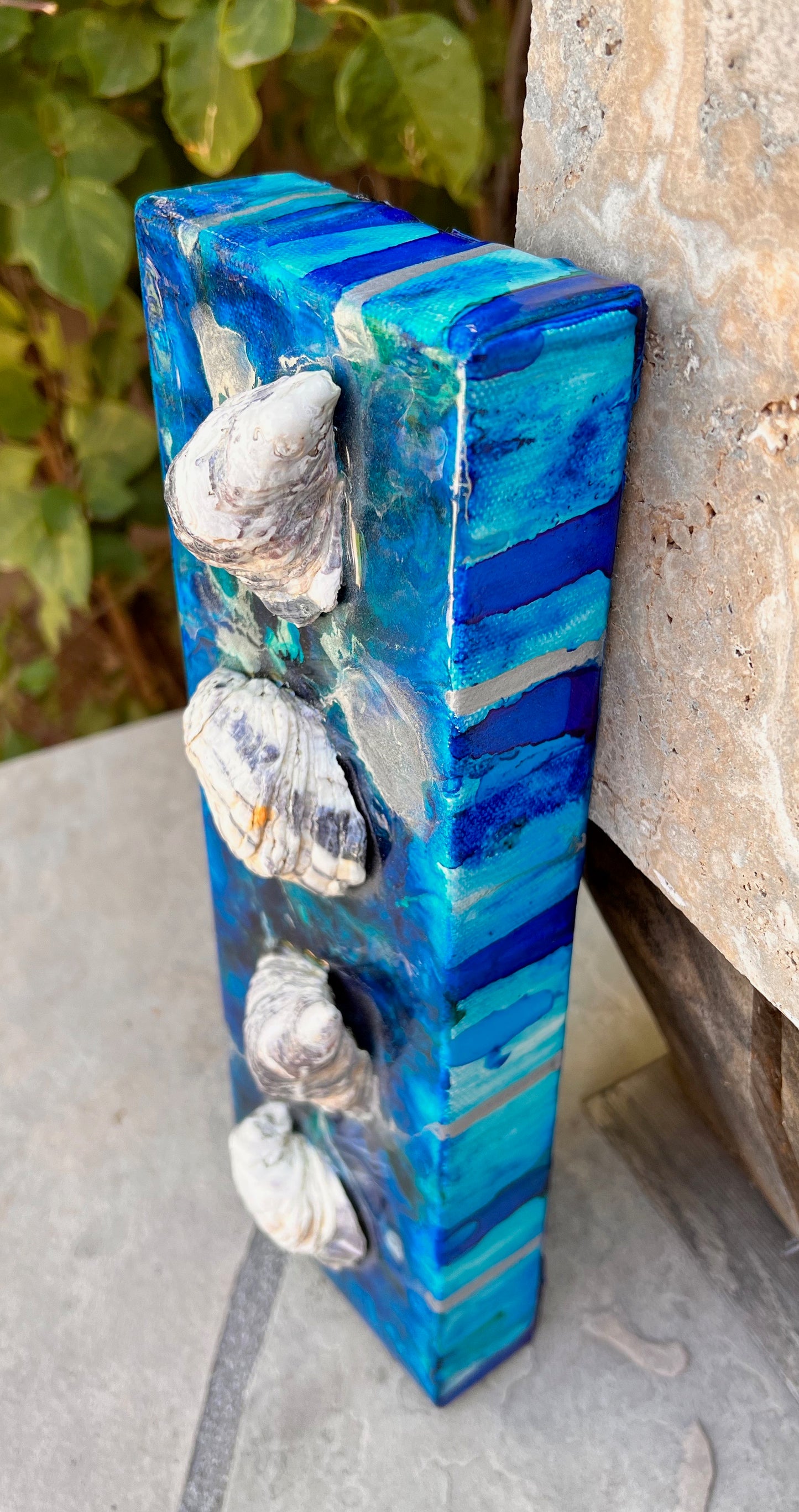 Deep Ocean Resin Art with Natural Oyster Shells 4x12x1.5