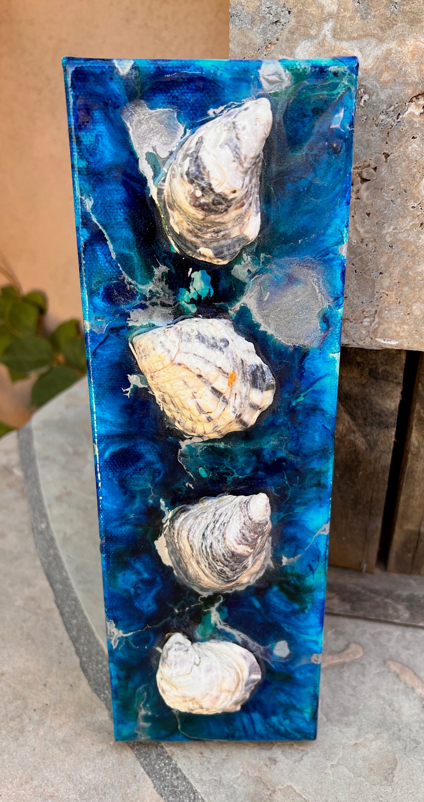 Deep Ocean Resin Art with Natural Oyster Shells 4x12x1.5