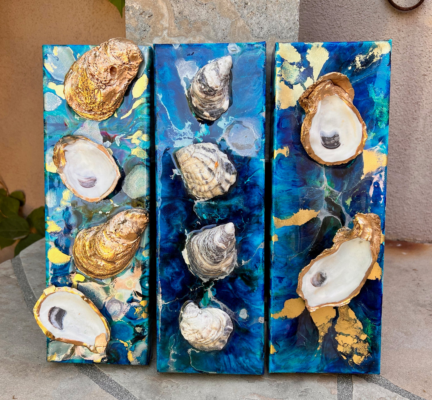 Deep Ocean Resin Art with 2 Gold Leaf Oysters 4x12x1.5