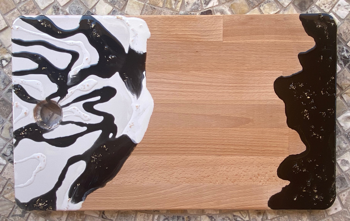 Charcuterie Board - Embellished with black and white resin with gold flakes