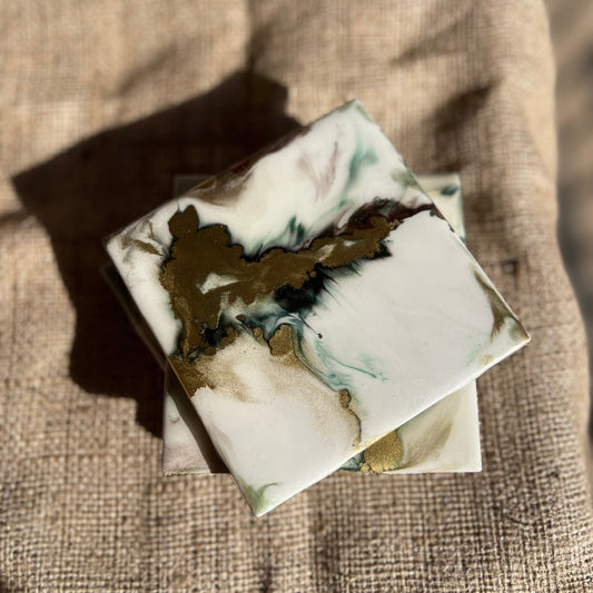 Resin Coasters - Deep green, copper, white and gold